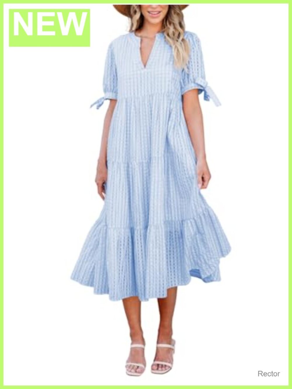 Polyester Midi Dress V-Neck Puff Sleeve Tiered Gingham Spring Summer - Picture 1 of 6